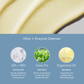 SKINN natural ingredients display with green tea mint and olive illustrating antioxidant benefit