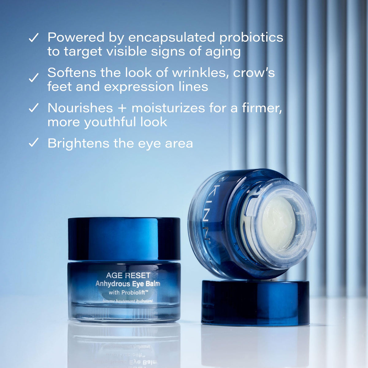 SKINN open jar with refill insert visible, shows refillable design and sustainable benefit