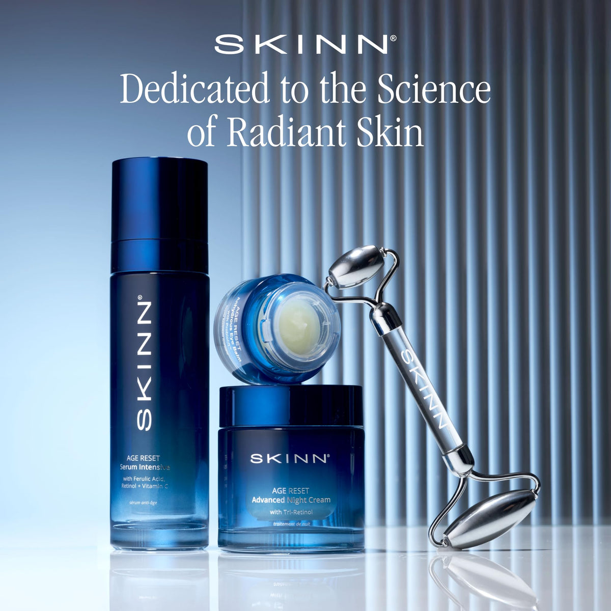 SKINN balm on a nightstand lifestyle scene, conveys restful routine and morning refresh benefit