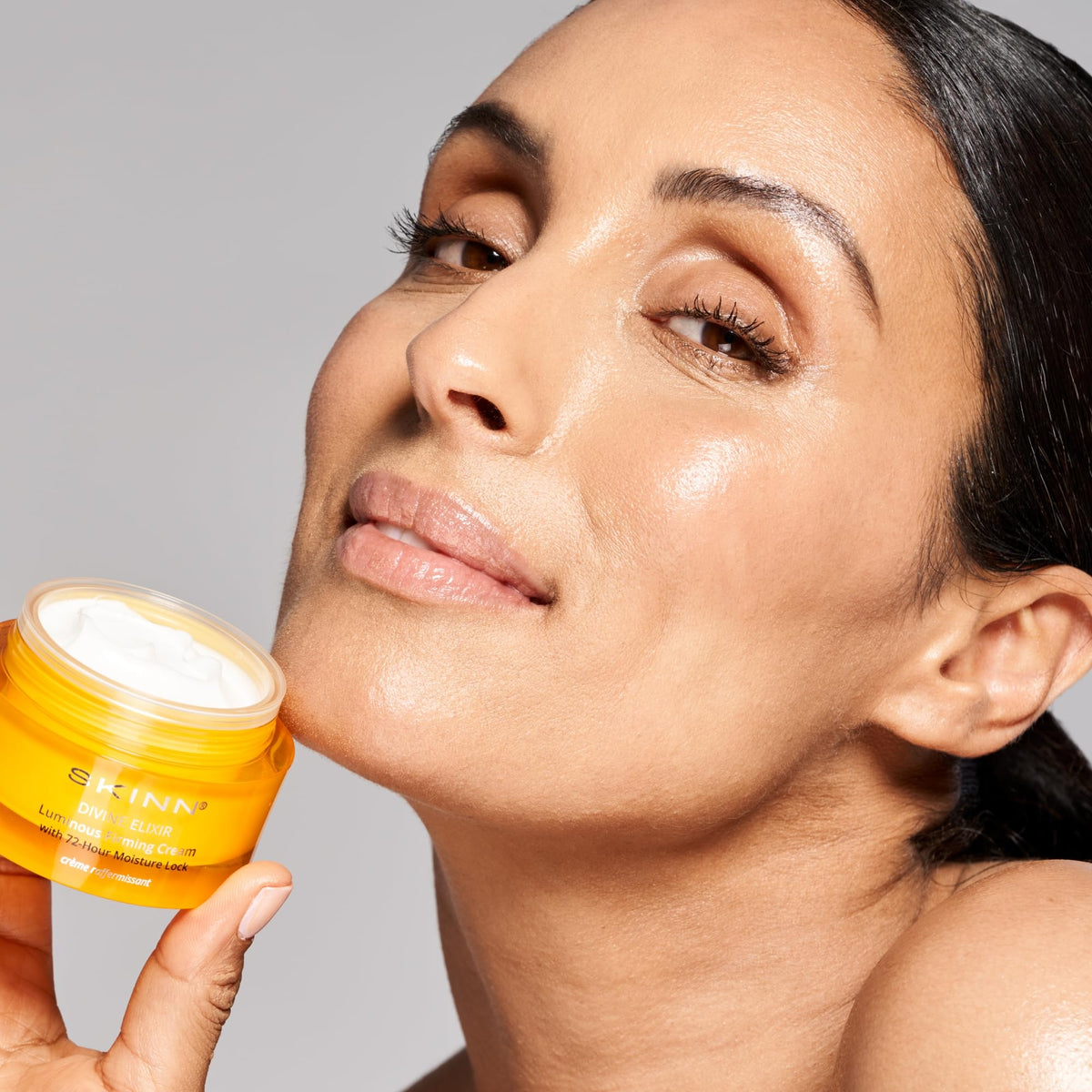 SKINN jar on bathroom shelf lifestyle, suggests daily routine and barrier support