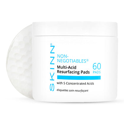 SKINN front packaging showing jar of resurfacing pads and benefits