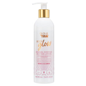 Skinny Tan front packaging showing 9.4 oz bottle and benefits