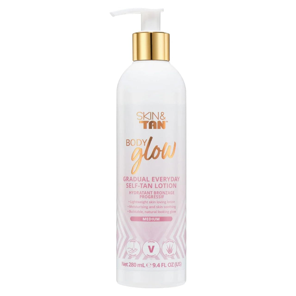Skinny Tan front packaging showing 9.4 oz bottle and benefits