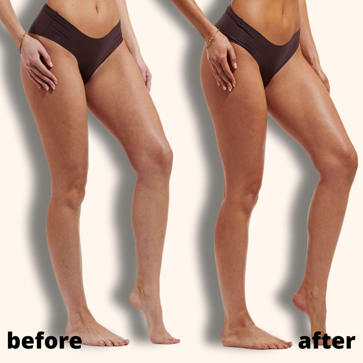 Skinny Tan bottle next to hand showing 9.4 oz size and generous supply