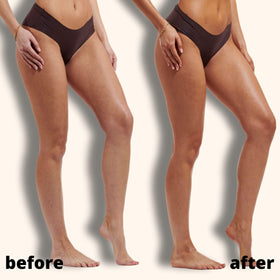 Skinny Tan bottle next to hand showing 9.4 oz size and generous supply