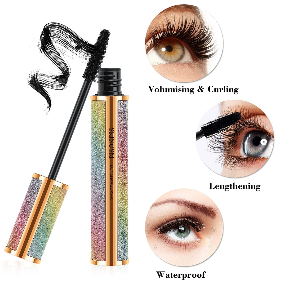 SKINOSM mascara on lashes before and after demonstrating fuller lashes