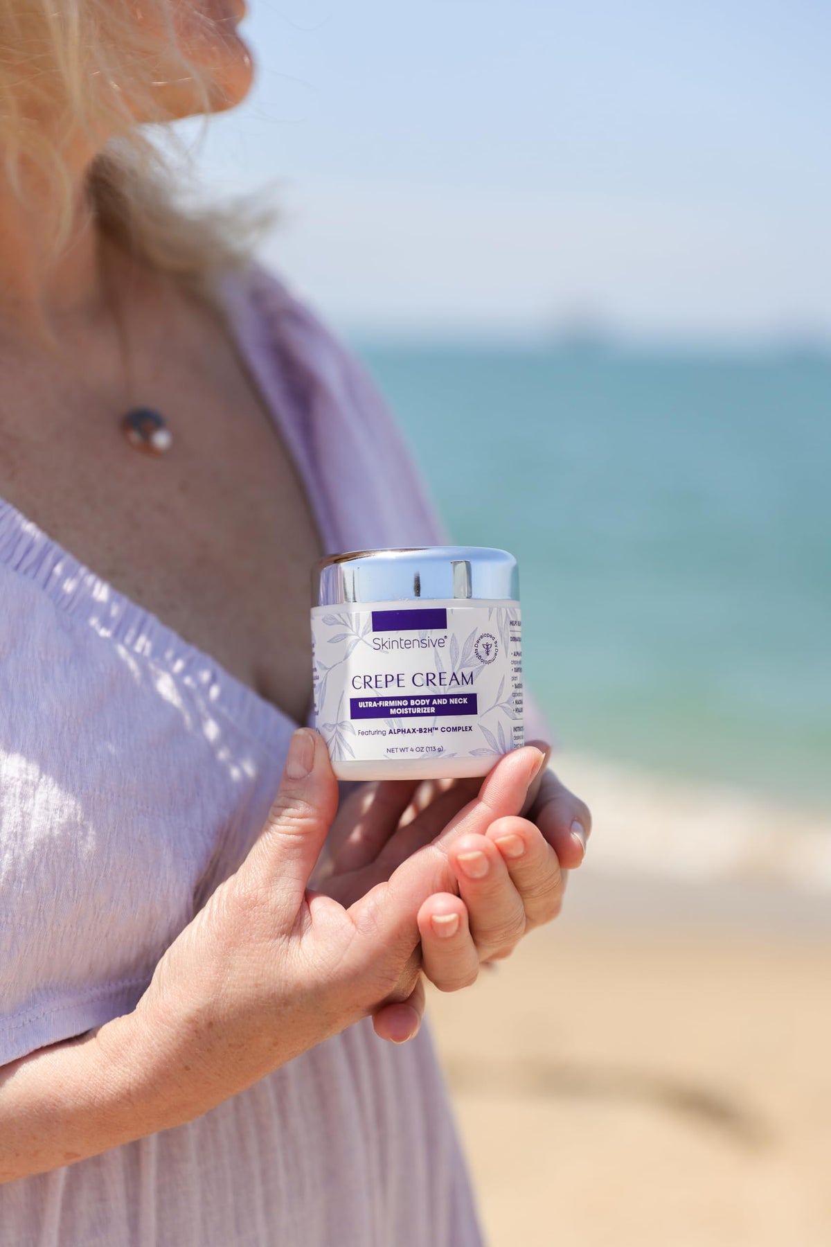 SKINTENSIVE crepe cream label closeup emphasizing dermatologist-formulated confidence
