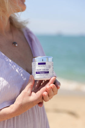 SKINTENSIVE crepe cream label closeup emphasizing dermatologist-formulated confidence