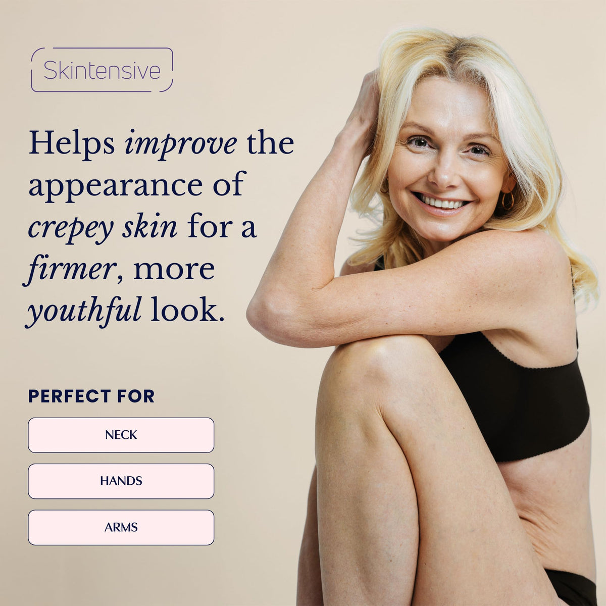SKINTENSIVE crepe cream applied from pump on hand demonstrating easy absorption