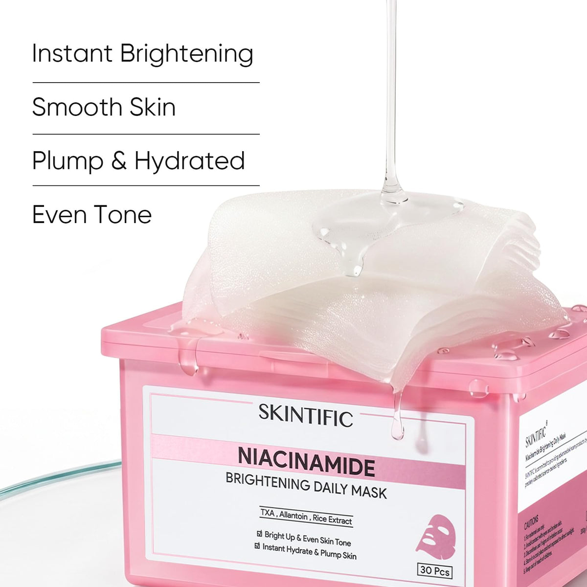 SKINTIFIC box label closeup highlighting niacinamide tranexamic acid rice extract