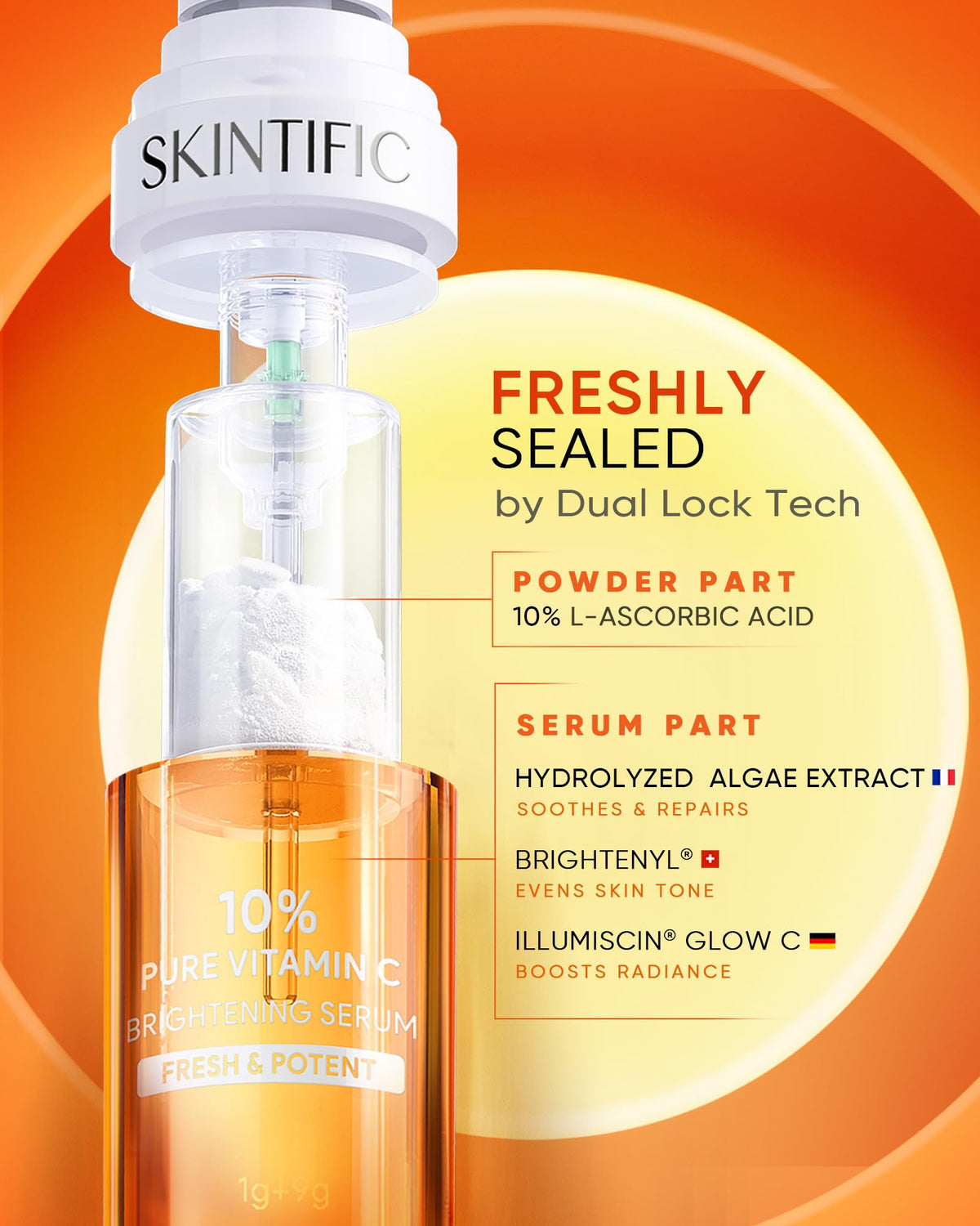 SKINTIFIC close‑up of press‑activation mechanism for fresh vitamin C