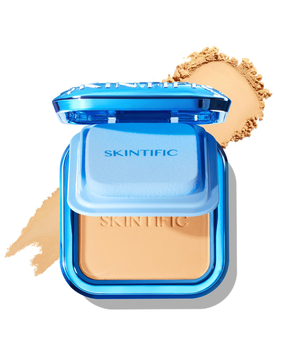 SKINTIFIC compact front view showing sleek packaging and shade 03 Petal for easy selection