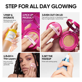 SKINTIFIC cushion applied on hand in lifestyle scene demonstrating blendability and glow