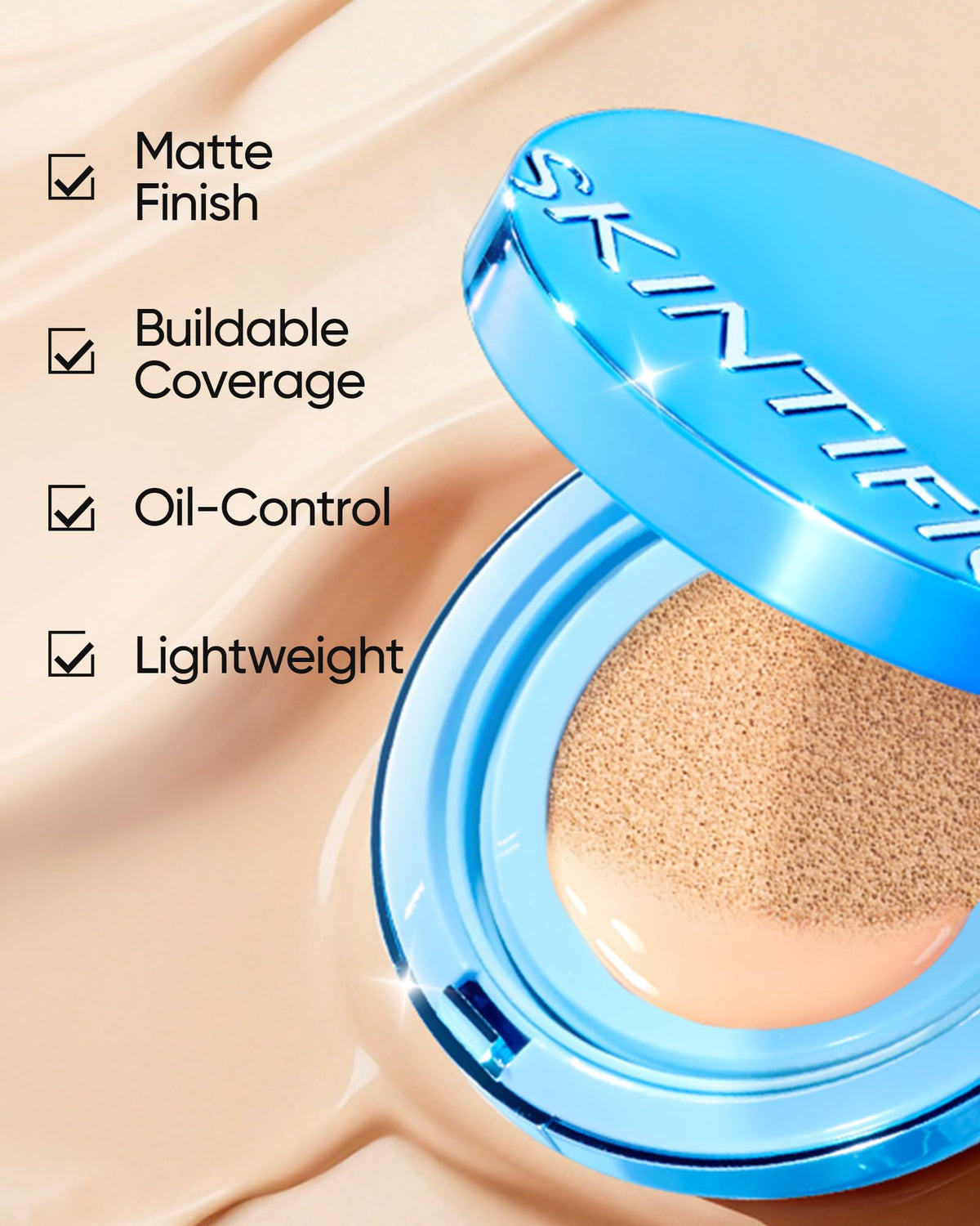SKINTIFIC applying cushion with puff on hand showing easy buildable coverage benefit