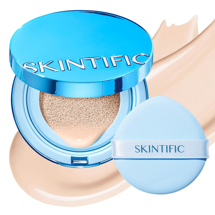 SKINTIFIC front compact showing shade and sleek packaging benefits portability
