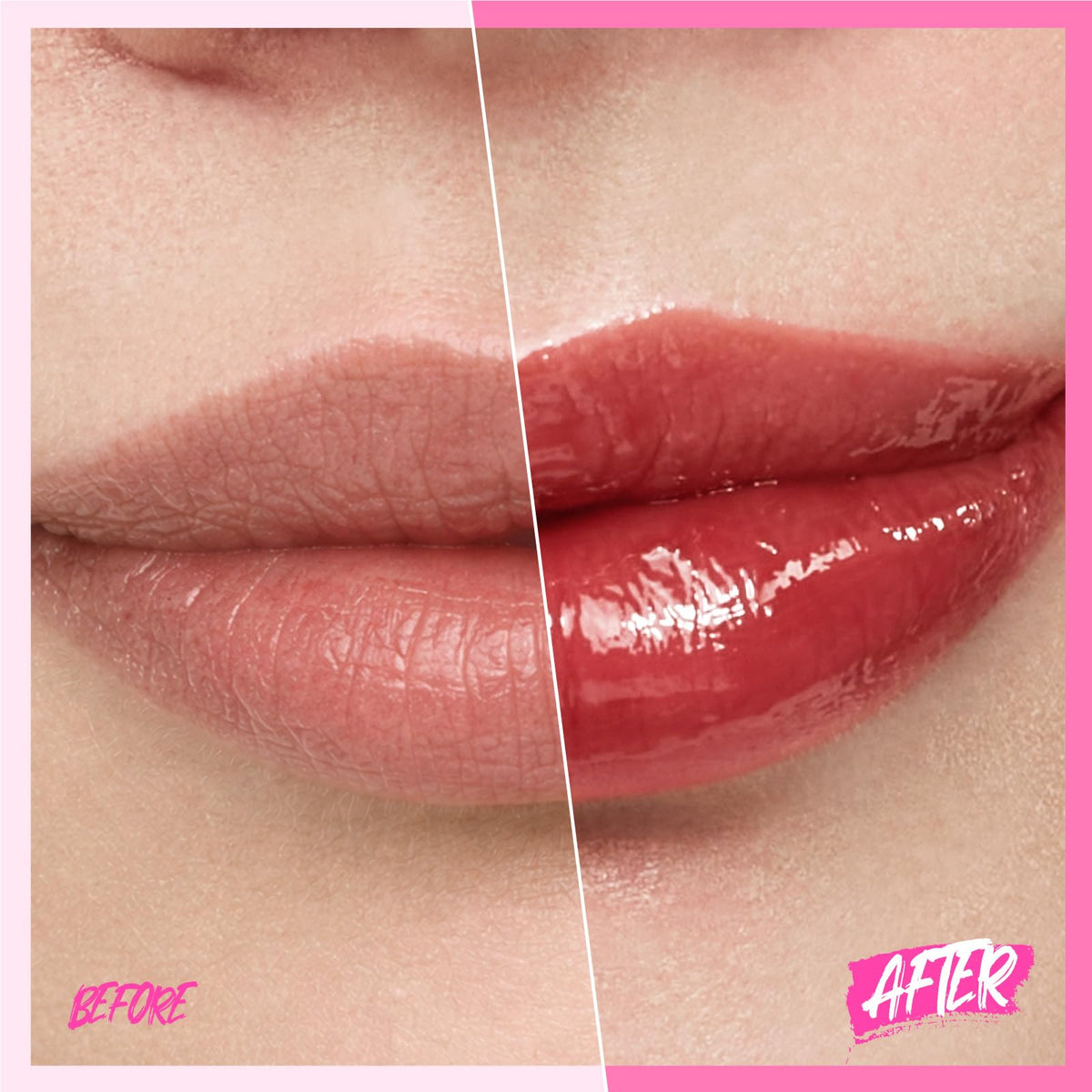 SKINTIFIC lip swatch on model displaying sheer toasted-brick tint and shine