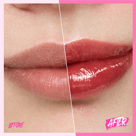 SKINTIFIC lip swatch on model displaying sheer toasted-brick tint and shine