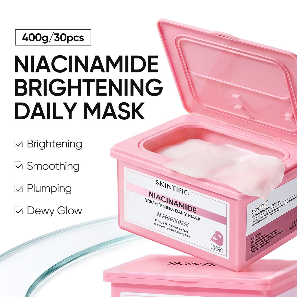 SKINTIFIC open box displaying 30 pre‑soaked sheets for daily convenience