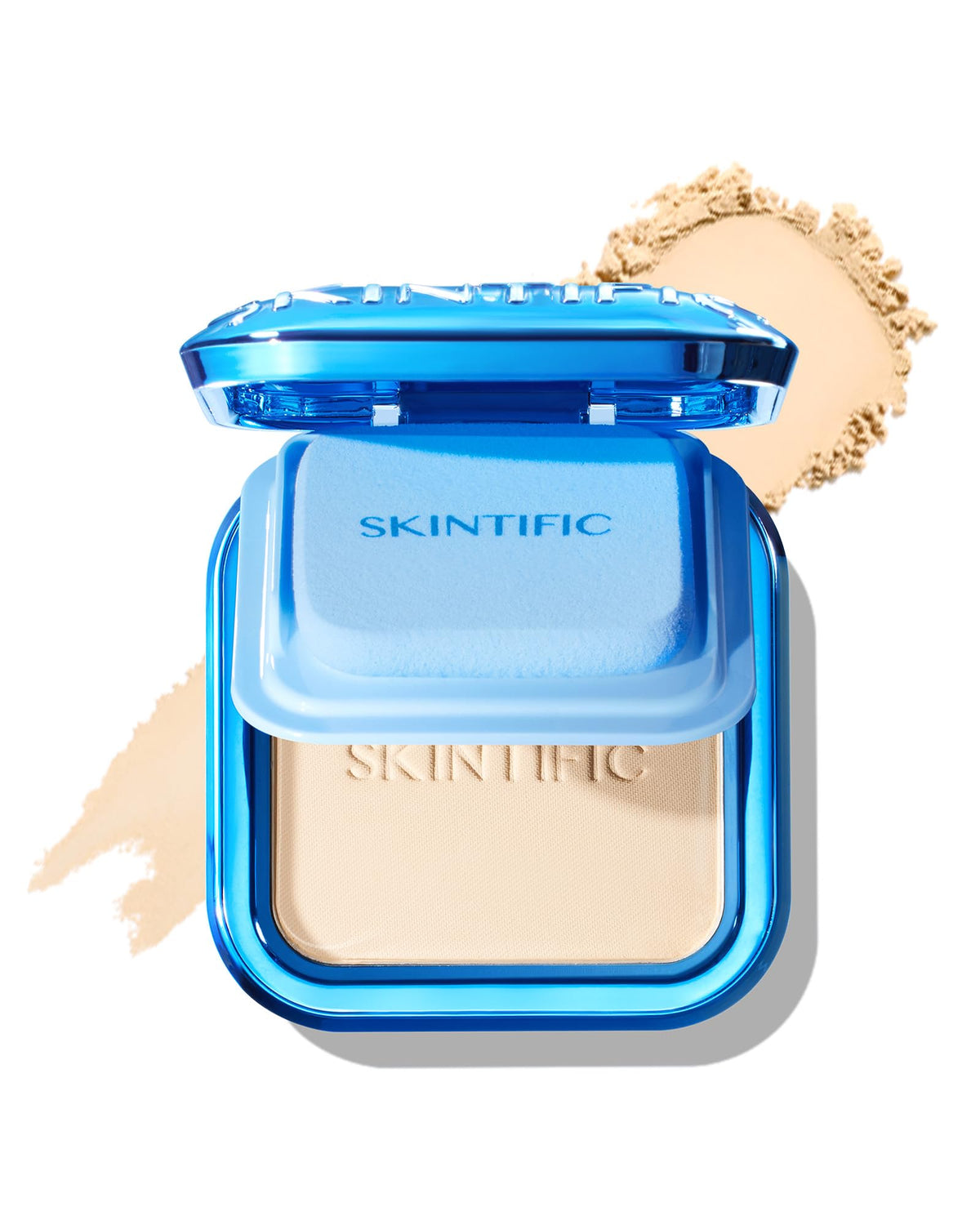 SKINTIFIC compact front view showing sleek packaging and shade name