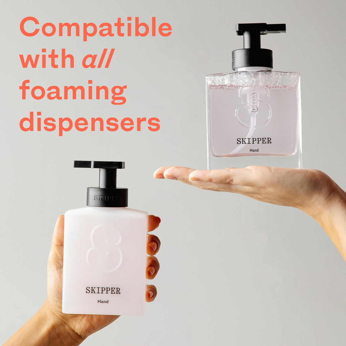 Skipper dissolving tablet in foaming bottle with water, quick prep benefit