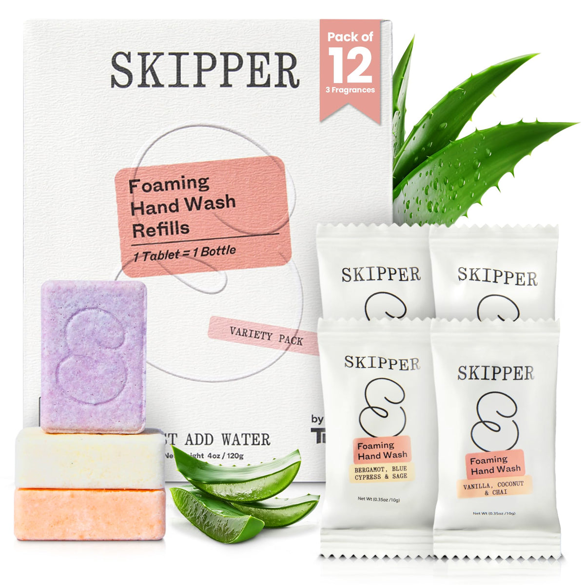 Skipper front packaging showing compostable tablet pack and plastic-free benefit