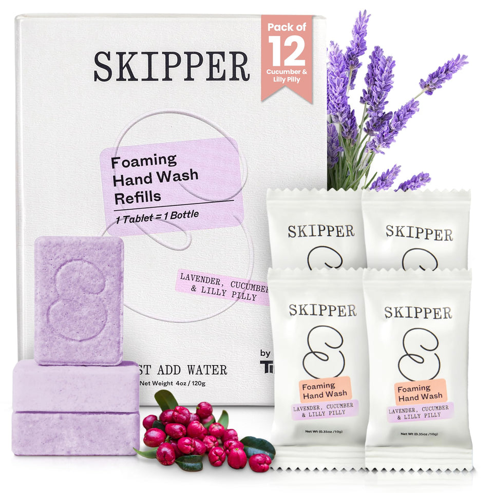 Skipper front packaging showing three fragrance tablets and benefits