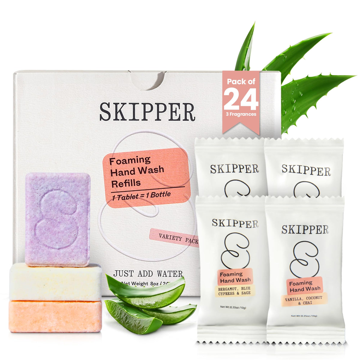 Skipper front packaging showing 24 pack and variety scents, reduces waste