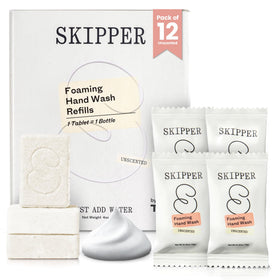 Skipper front packaging showing compostable tablet refills and plastic-free benefit