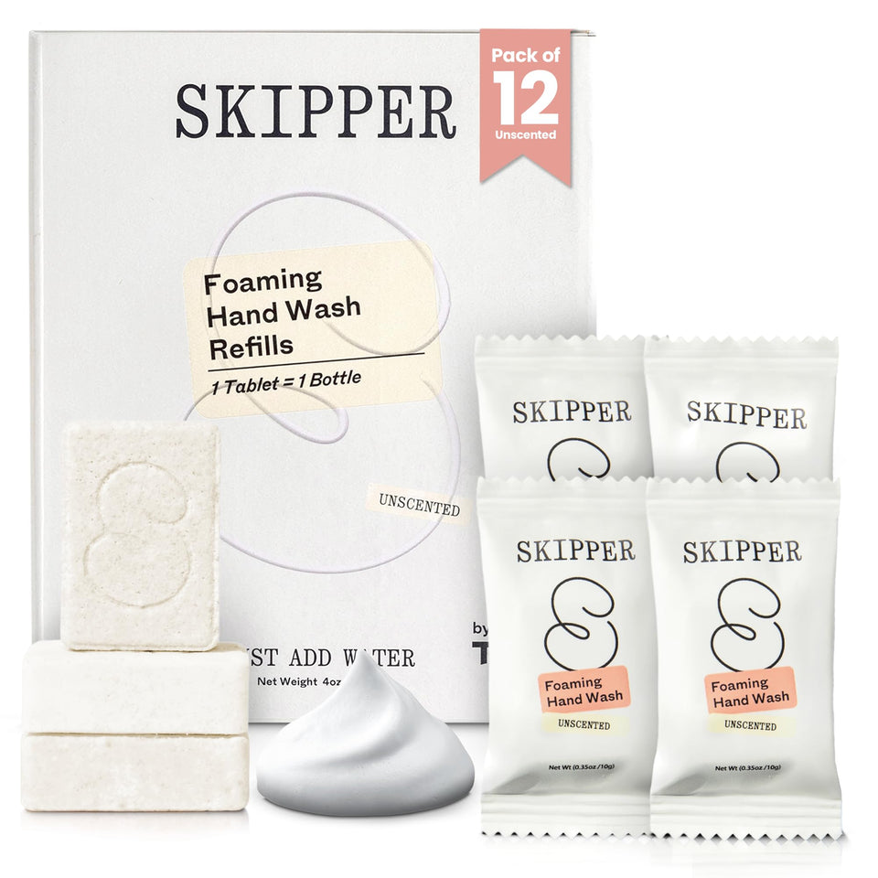 Skipper front packaging showing compostable tablet refills and plastic-free benefit