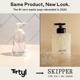 Skipper compostable packaging label displayed, lowers landfill impact