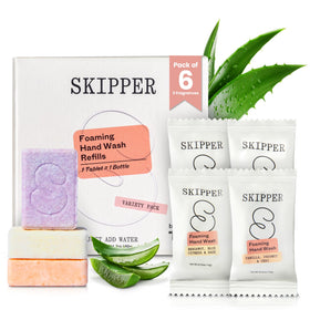 Skipper front packaging showing six foaming soap tablets and compostable pack benefit