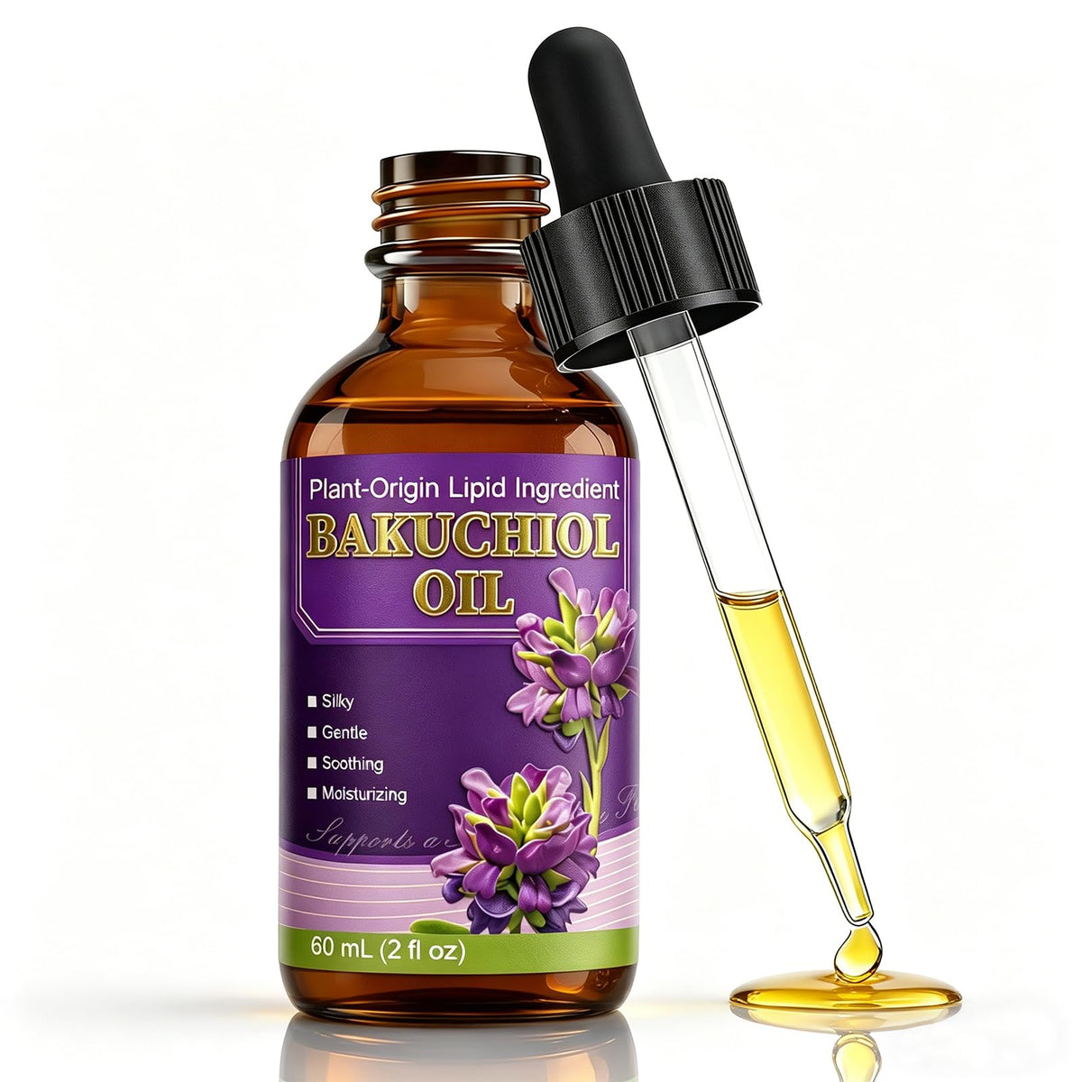 SKSOYT bakuchiol face oil front bottle showing label and 2 fl oz convenience