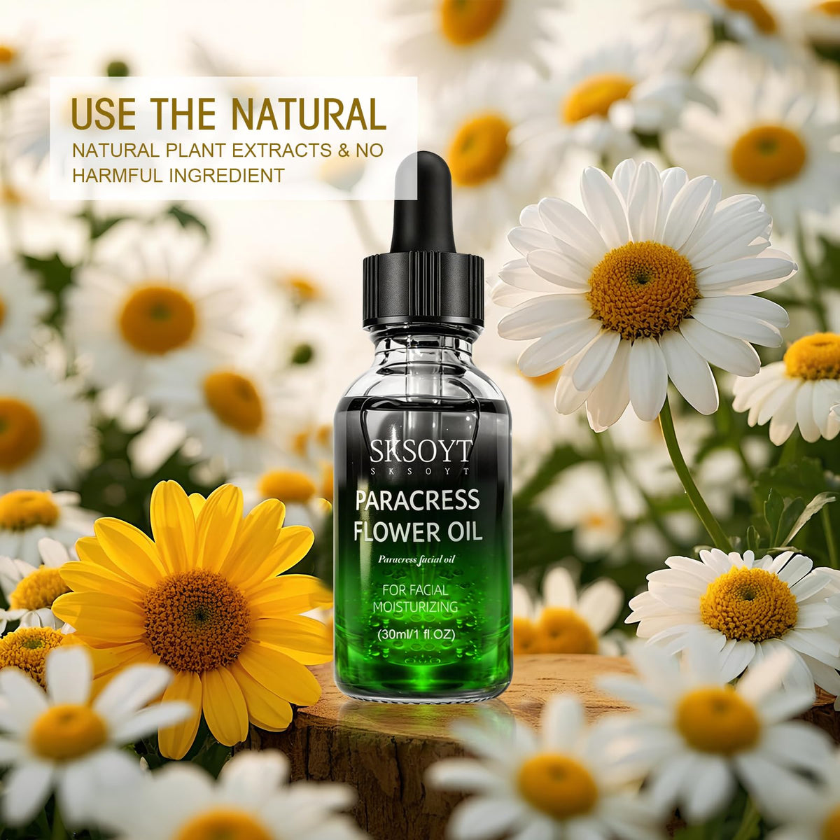 SKSOYT bottle on wooden bowl flatlay suggesting natural botanical care