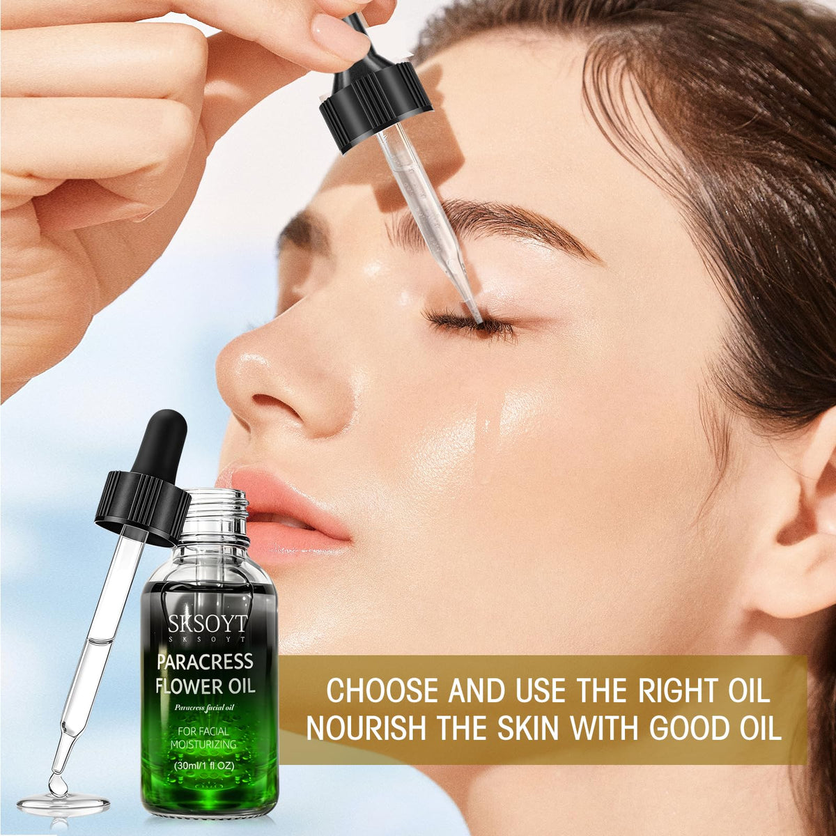 SKSOYT dropper releasing oil displaying smooth texture and quick absorption