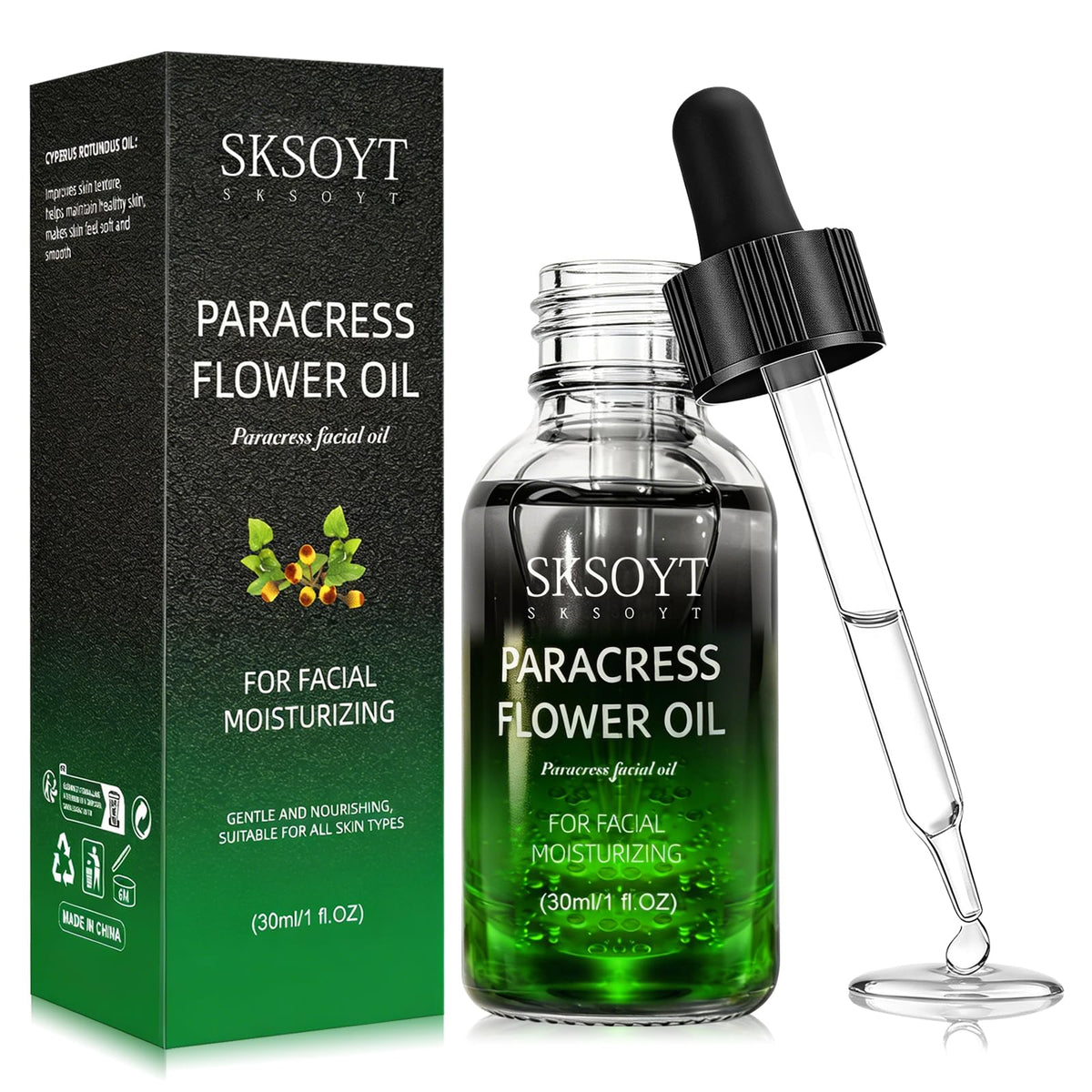 SKSOYT front packaging showing organic facial oil bottle and benefits