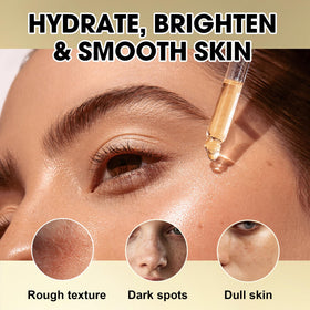 Hand with a few drops of SKSOYT oil demonstrating absorbent, non-greasy feel