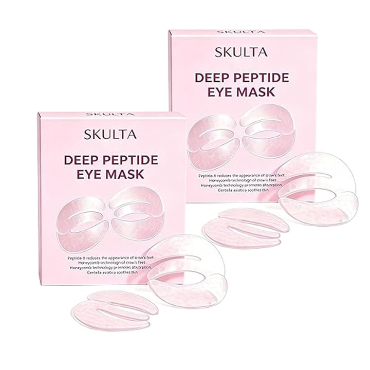Skulta three-piece eye mask pouch shown front, demonstrates full eye coverage and instant hydration