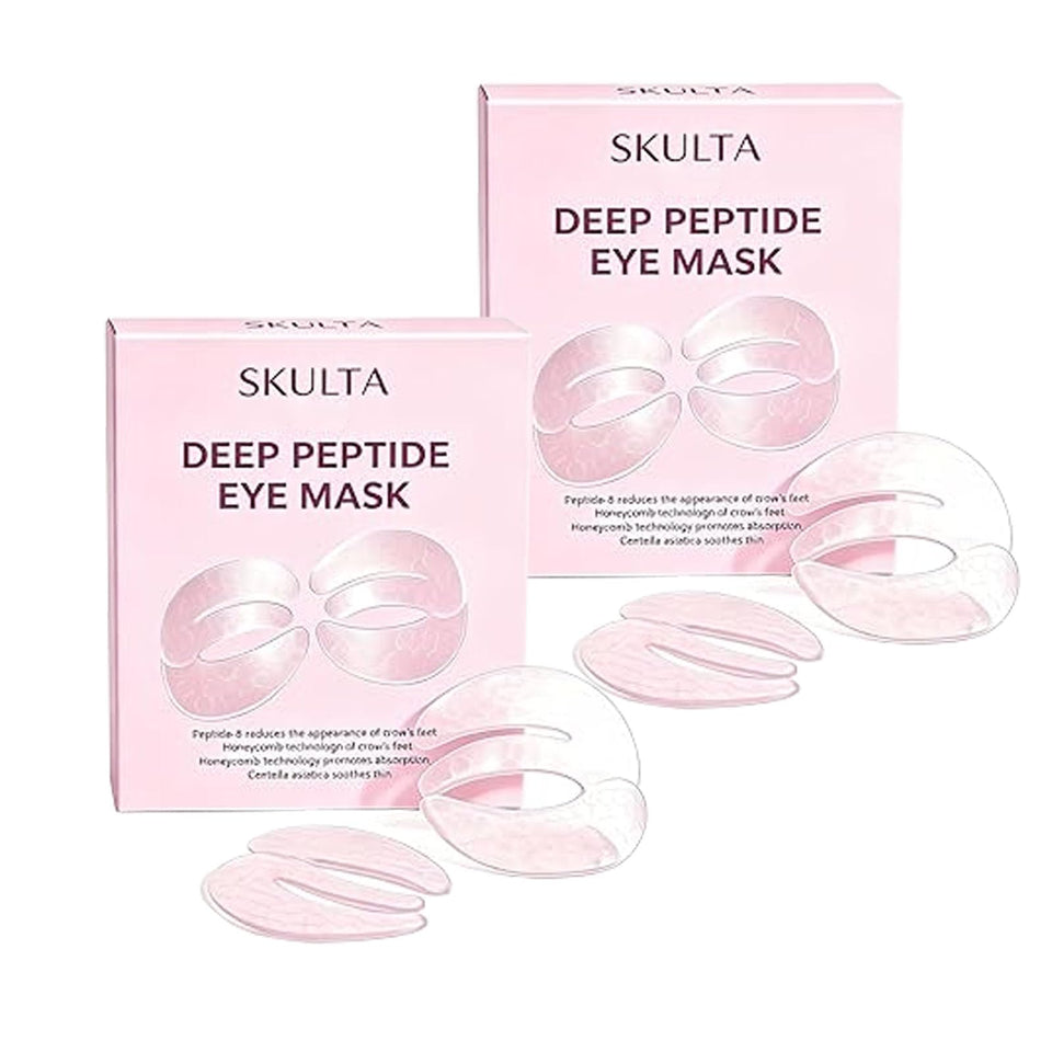 Skulta three-piece eye mask pouch shown front, demonstrates full eye coverage and instant hydration