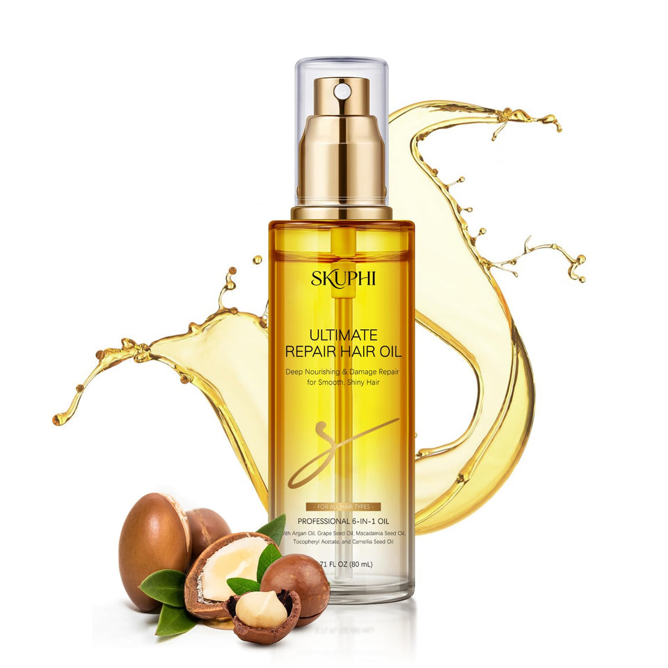 SKUPHI front bottle view showing argan oil spray and benefits