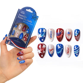 SKUPHI front packaging showing 32-piece patriotic press-on set and sizes, clear organization benefit