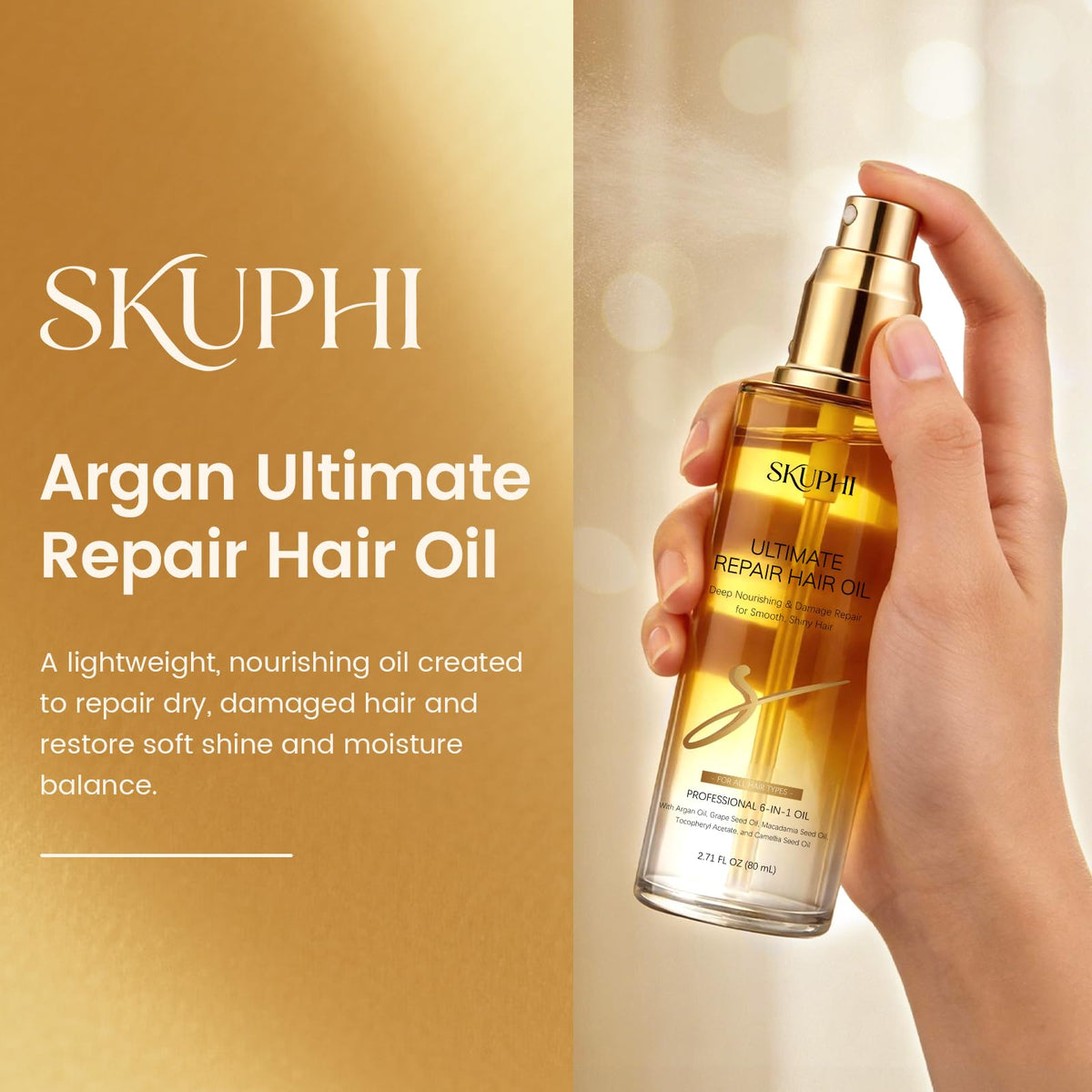 SKUPHI in-use spraying on damp hair for instant frizz control