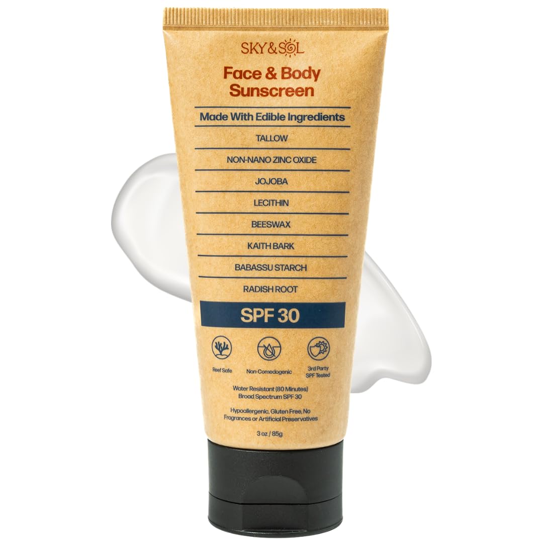 Sky and Sol front tube showing SPF 30 and natural packaging benefit