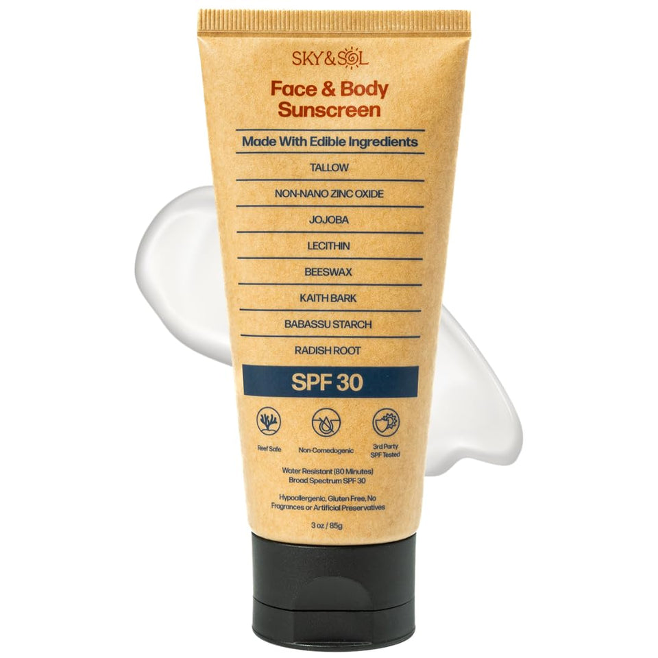Sky and Sol front tube showing SPF 30 and natural packaging benefit
