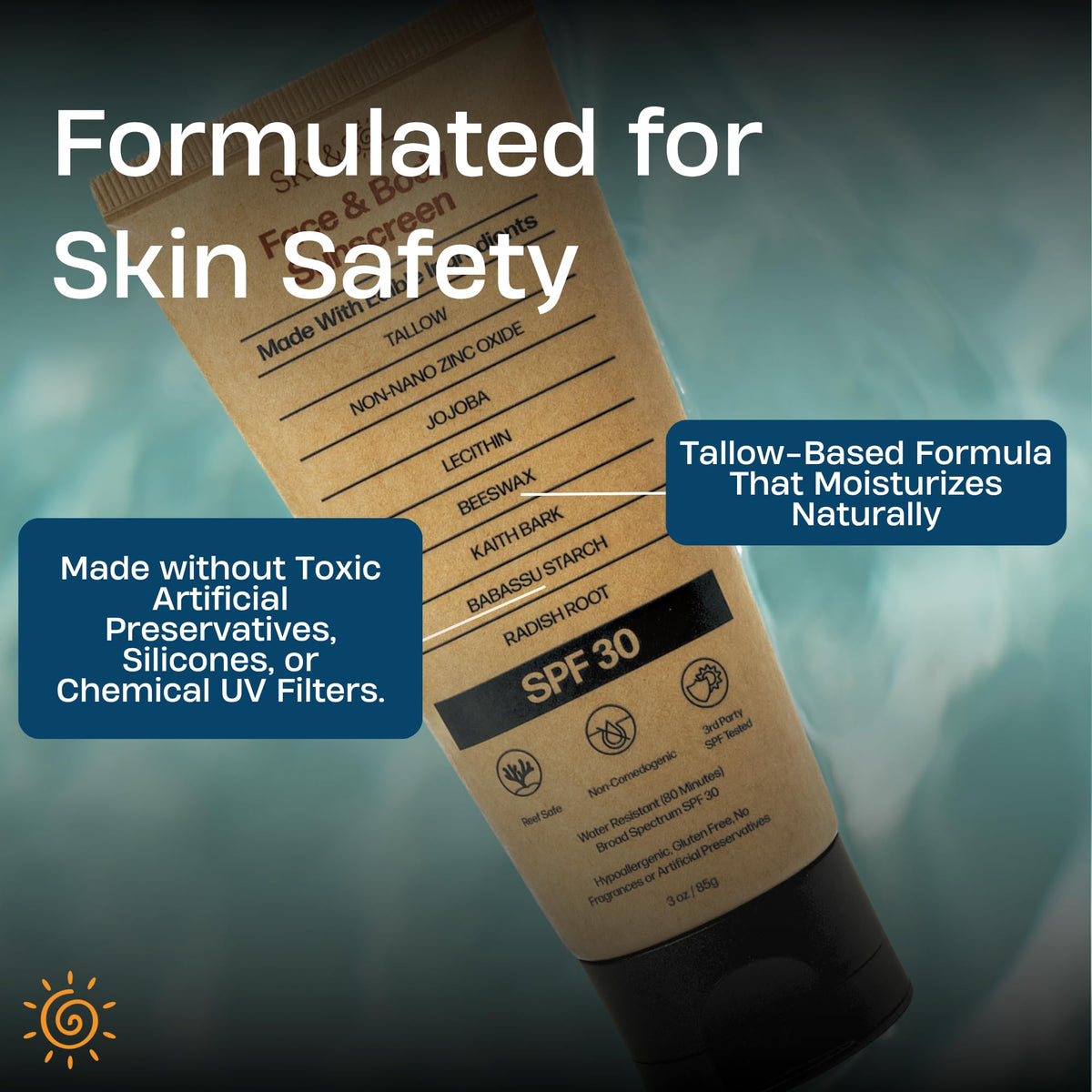 Sky and Sol sunscreen on beach scene emphasizing reef-conscious outdoor protection benefit