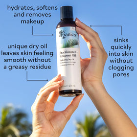 applying Sky Organics oil to face with cotton for gentle makeup removal benefit