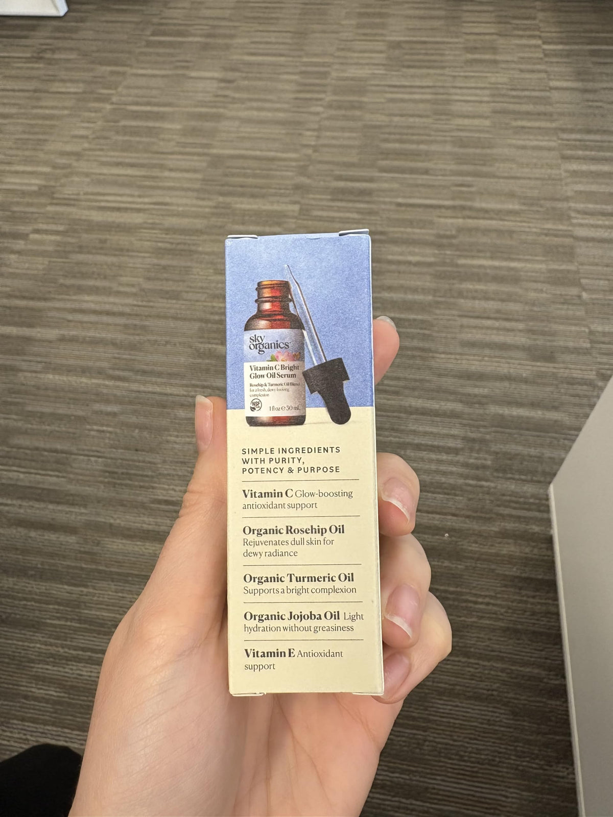 Sky Organics bottle on bathroom vanity to suggest daily skincare routine