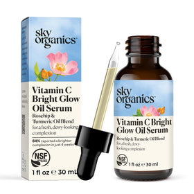 Sky Organics front bottle showing bright glow serum and elegant label benefits