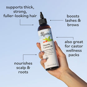 Sky Organics oil pouring from bottle to illustrate rich texture and controlled application