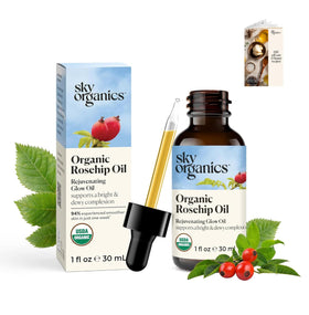 Sky Organics dropper dispensing rosehip oil demonstrating easy controlled application