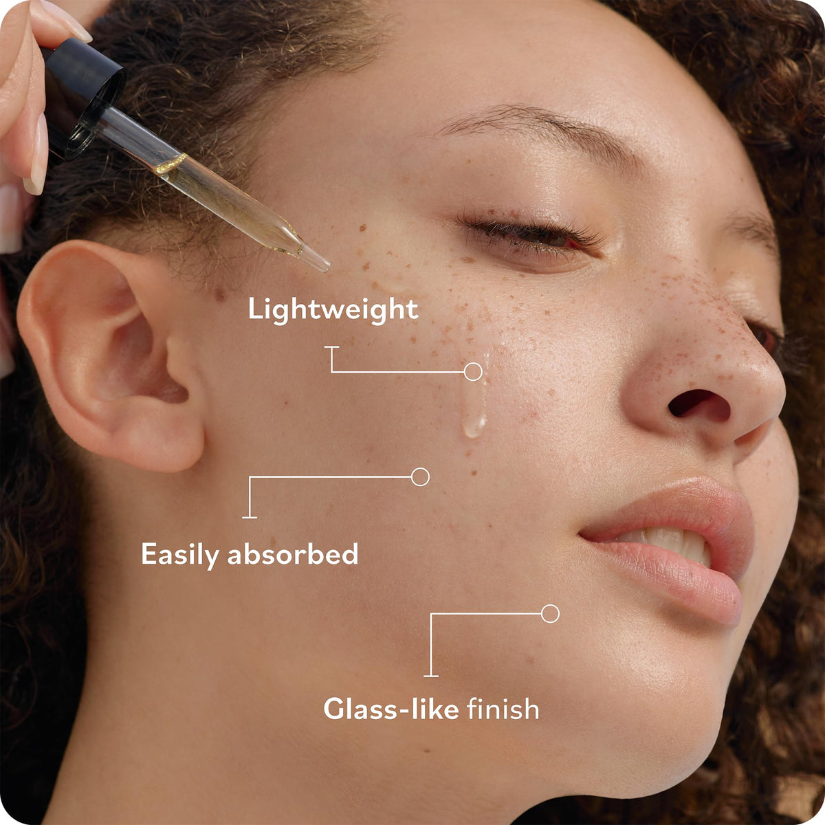 Sky Organics applied to cheek by model illustrating dewy, luminous skin result